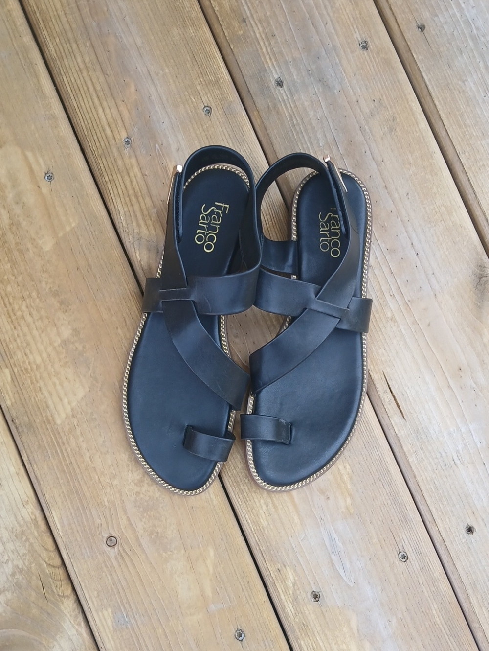 Franco Sarto Black Gold Edge Leather Slingback Sandals